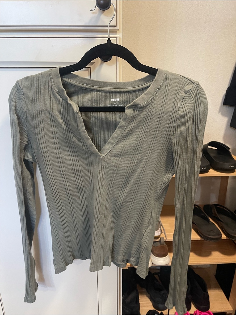 Maeve Olive Green Ribbed V‑Neck Long Sleeve Top